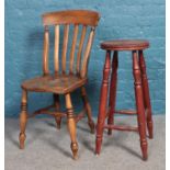 An ash/elm kitchen chair, together with a high painted turned stool.