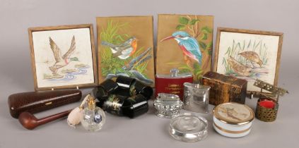 An assortment of collectable items. To include two framed ceramic tiles, two hand painted silk