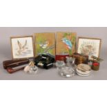 An assortment of collectable items. To include two framed ceramic tiles, two hand painted silk