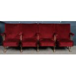 A row of four red velvet cinema seats. Length: 213cm, Height: 90cm, Depth: 66cm.