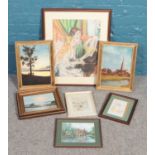 A quantity of paintings. Including landscapes, seascapes, animals, etc.