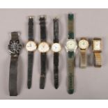 An assortment of seven men's wrist watches. To include a Smiths Astral, Smiths Jewelled, a Ricardo