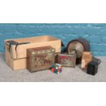 A box of miscellaneous. Kodak Baby Hawkeye (boxed), Omiya cased binoculars, mahogany mantle clock