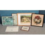 A quantity of pictures. Including framed Buxton British Railway poster, framed map of Derbyshire,