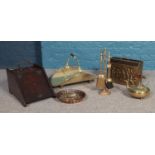 A collection of miscellaneous. Brass fire companion set, vintage brass teapot, horse brass's etc.