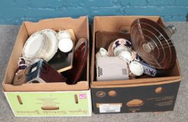 Two boxes of miscellaneous. Aynsley part tea set, Revo vintage industrial light, Polaroid plus