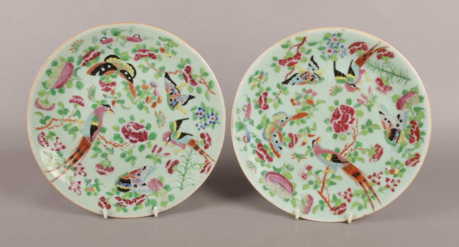 Two Twentieth Century Chinese Celadon 'Famille Rose' ceramic dishes, 26cm diameter.