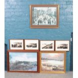 Seven framed prints. To include after L S Lowry, A Village Square, a G Fleming landscape, a Clive