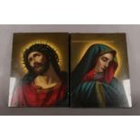 Two framed religious icon prints under glass. H:50cm, W:38cm.