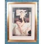 A large limited edition signed erotic framed print of a semi nude woman with leather biker's jacket.