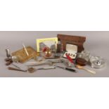 A large quantity of collectables. To include brass sundial top, calipers, portable ash tray and