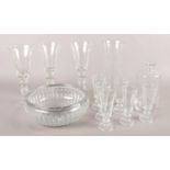 A collection of glassware. Includes set of six Italian drinking glasses, white metal mounted bowl,