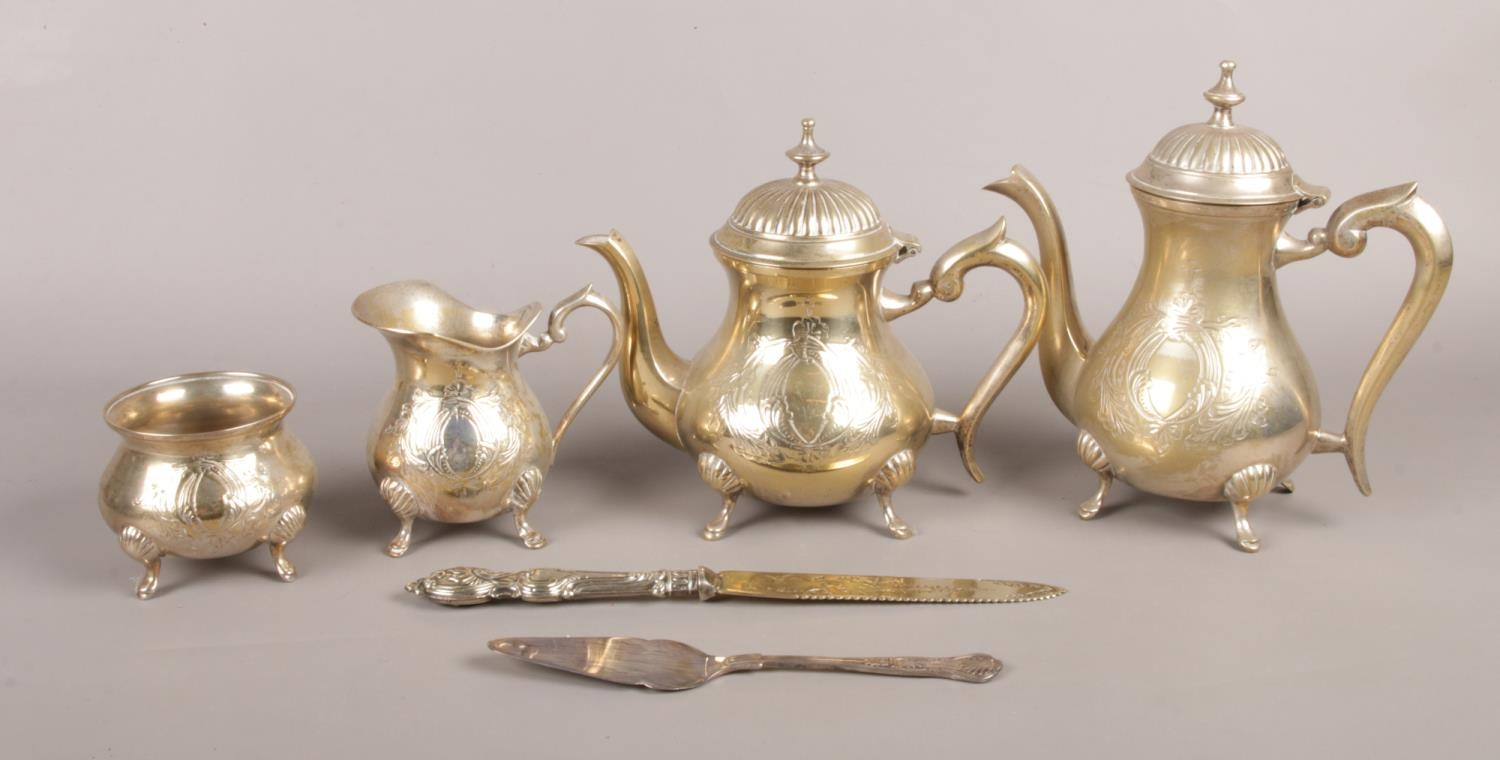 A four piece EPNS tea set with tray, cake knife and server. To include tea pot, coffee pot, sugar - Image 2 of 2