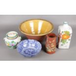 A small quantity of ceramics. To include a large pancheon with motto on the rim, Victorian