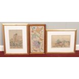 Two framed watercolors, showing Far East Temples, alongside an Oak framed tapestry, in the form of a