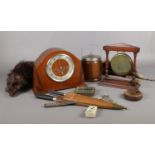 A collection of miscellaneous. Mahogany mantle clock, mink fur stole with bag, vintage tape measure,