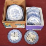 Two boxes of blue and white ceramics. Includes two Royal Doulton series ware plates, meat plates