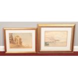 Two large framed watercolours; one of an Eastern temple, together with a lake scene. Labelled to the