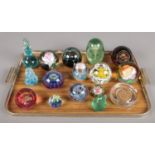 A tray of glass paperweights. Includes Victorian dump, Caithness, millefiori examples etc.