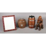 A selection of Treen items; to include carved figure, wine cooler and tobacco jar with ceramic