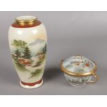 Two Japanese Satsuma ceramics. Including vase and twin handled lidded tea bowl.