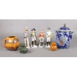 An assortment of ceramics. To include a Westerwald style salt glazed lidded pot, four ceramic