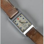 A gents Vickery stainless steel manual wristwatch with rectangular dial on leather strap. Running.