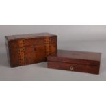 A Victorian mahogany tea caddy. To include a mahogany boxed geometry set. broken hinges to tea caddy