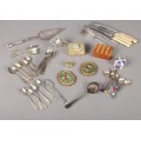 A quantity of miscellaneous. Silver plated cutlery, coffee bean spoons, small china casket etc