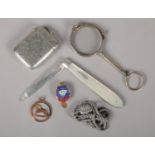 A quantity of collectables. Includes silver and mother of pearl folding knife, vesta case,