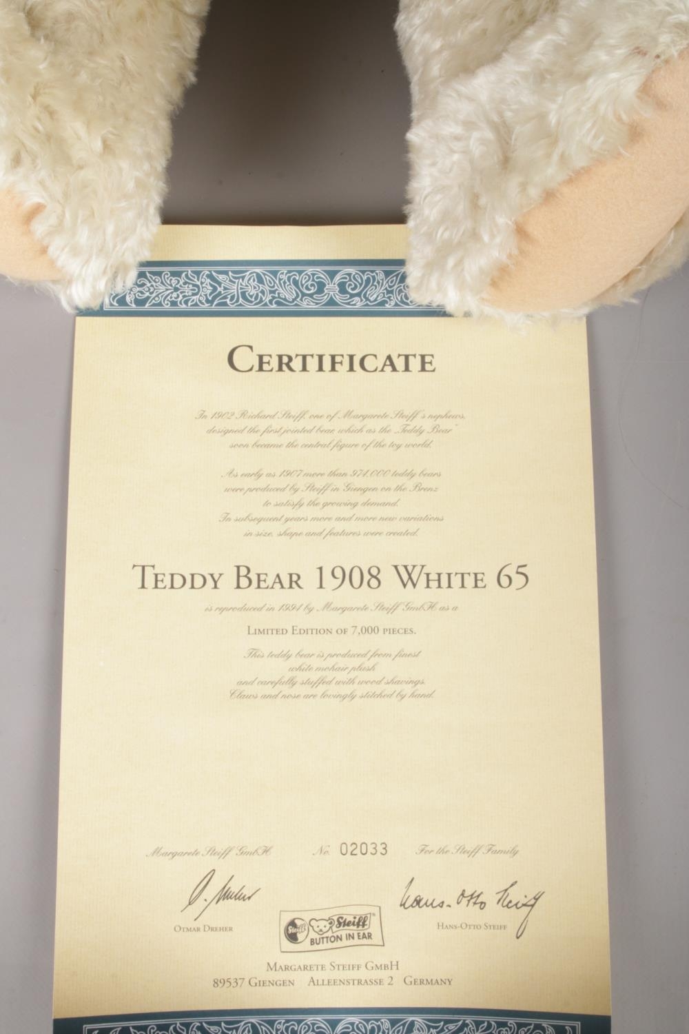 A Steiff limited edition 1994 Replica Teddy Bear 1908 white, 2033 of 7000 worldwide. Gold button - Image 3 of 3