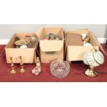 Three boxes of miscellaneous. Pair of brass candlesticks, cut crystal glass ware, ceramic