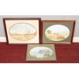 Three framed watercolour paintings of countryside scenes, in oval surrounds. Largest frame: Width: