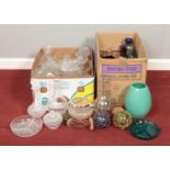 Two large boxes of assorted glassware. To include cut glass decanter, coloured trinket dish and