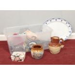 A box of miscellaneous. Losal Ware meat platter, Presin goll pottery jar, cut glass bowls etc.