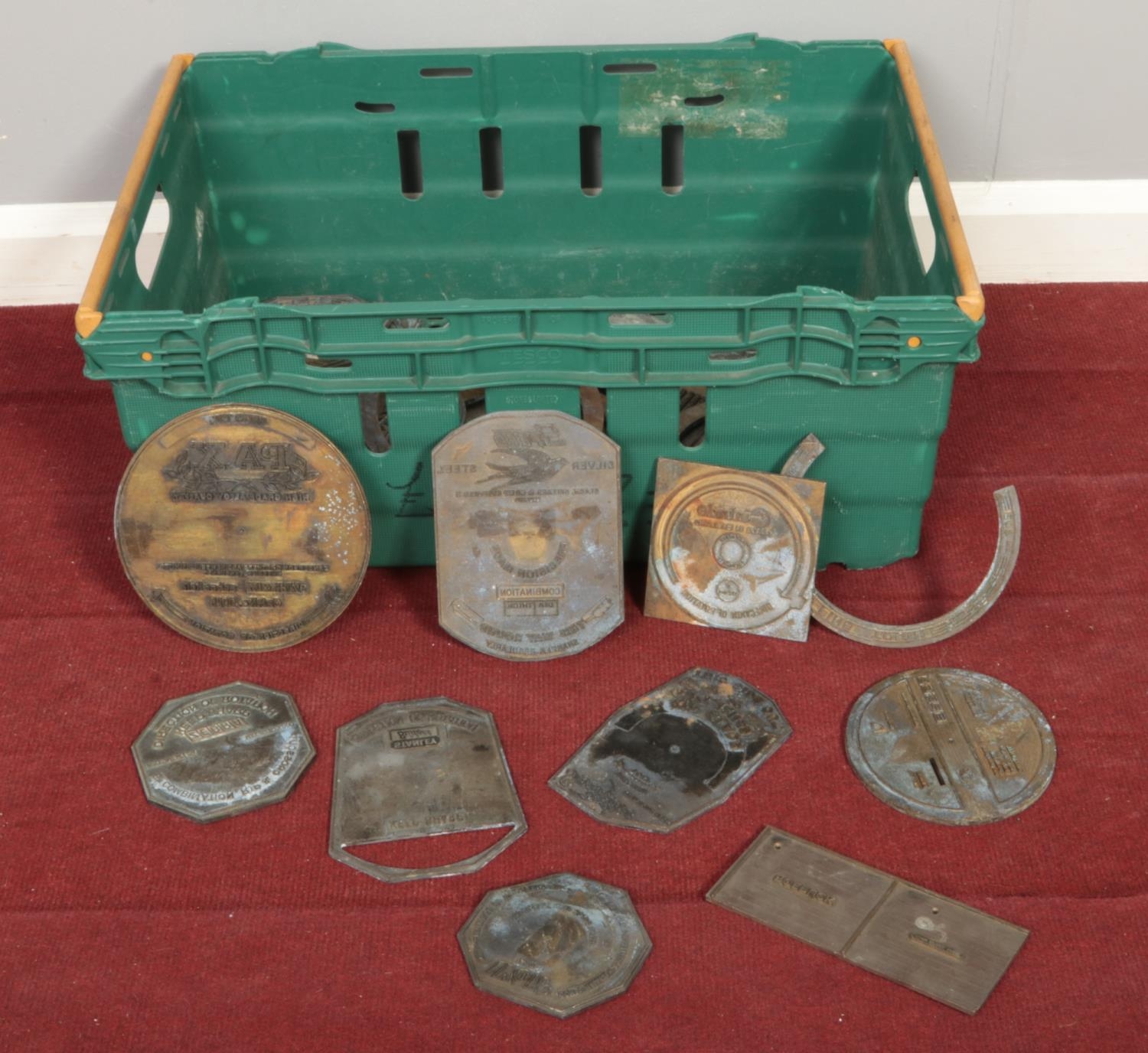 A box of assorted metal printing dye's. Black & decker, Picador etc