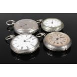 Four silver fob watches. Includes Victorian example, continental etc. None in working order.