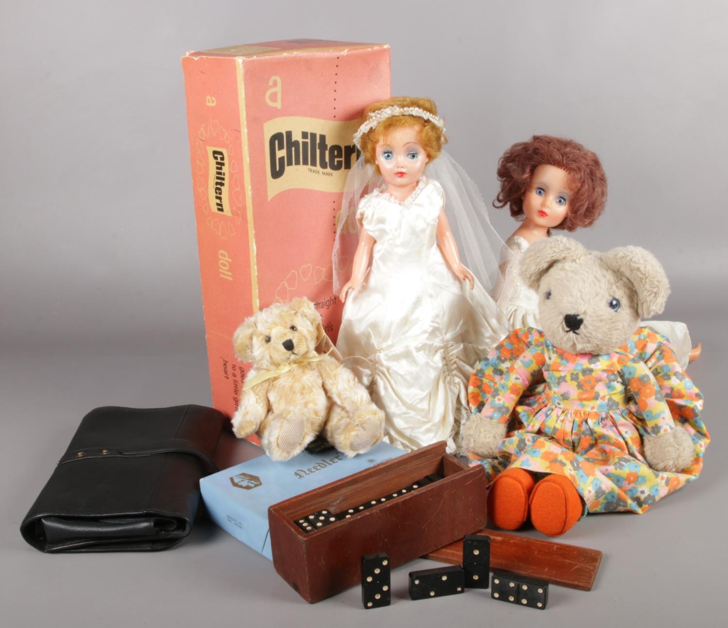 A collection of miscellaneous. Chiltern Bride doll (boxed), wooden boxed dominoes, Russ Teddy Bear