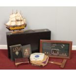 A quantity of miscellaneous. Carpenters box, model ship of HMS Victory, 78rpm vinyl records etc