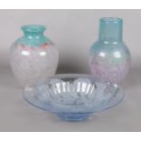 Two Vasart style vases, together with a large glass bowl with frosted foliate decoration. Tallest