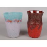 A pair of Vasart glass vases of baluster form, in red with gold flecks and blue and pink. Dolphin