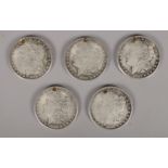 Fiver silver American one dollar coins. Including four 1881 examples. 112g All have drilled hole.