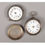 Two silver pocket watches, with one Swiss example (stamped 935), the other stamped 925. Both in need