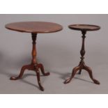 Two mahogany tripod wine tables. The smaller example having a dish top.