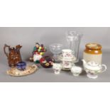 An assortment of glass and ceramics. To include Royal Doulton 'The Old Balloon Lady' (damaged),