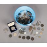 A box of mostly coins. Including George III wheel penny, metal detector finds, British pre-decimal
