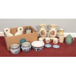 A box of miscellaneous ceramics. To include Denby teapot, Govancroft pottery and a pair of