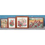 A series of framed tapestries, surrounding the subject of flowers, predominantly poppies.