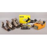 Eight wood planes mostly by Stanley. To include a boxed Stanley Rabbit Plane, a boxed Stanley 3