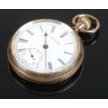 A Gold Plated pocket watch, produced by Waltham Mass with engine turned back plate. In working